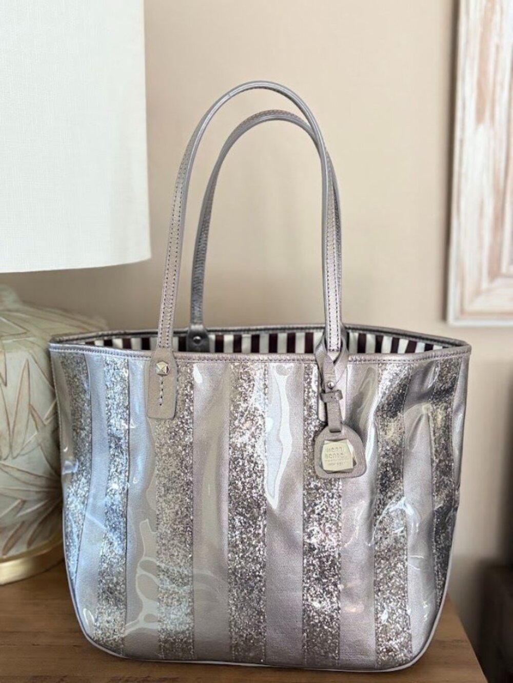 Henri Bendel Silver Goddess Glitter Stripe Tote w/Bag Charm